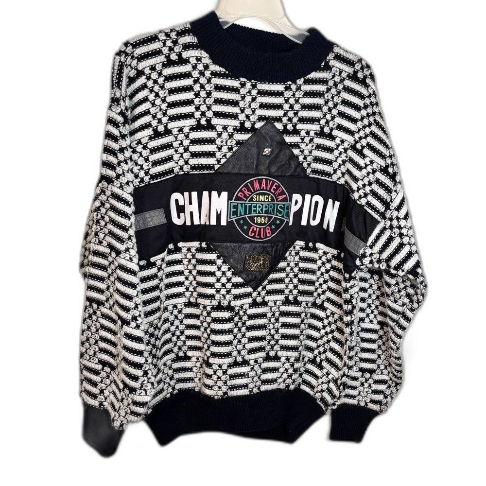Vintage 90s 3D Knit Sweater Mens M Black White Geometric Champion Patch Grandpa - Picture 8 of 9